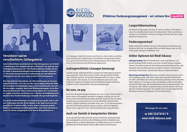 Innenseite des Faltblattes - mit branchenspezifischer Ansprache und allgemeiner Leistungsbeschreibung des Inkasso-Büros Innenseite des Faltblattes - mit branchenspezifischer Ansprache und allgemeiner Leistungsbeschreibung des Inkasso-Büros