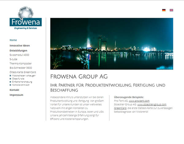Die Startseite der Frowena Group AG (Desktop-Ansicht) Die Startseite der Frowena Group AG (Desktop-Ansicht)