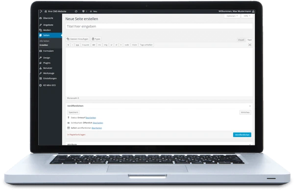 CMS WordPRess Laptop, der den Administrationsbereich des CMS WordPress anzeigt