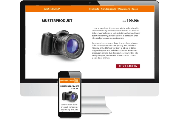 Eigener Onlineshop PC-Bildschirm und Smartphone, beide mit der Abbildung eines Muster-Onlineshops