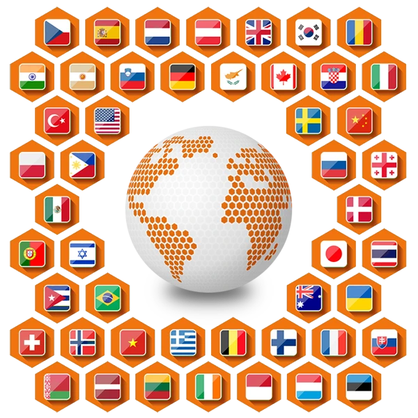 Übersetzungen in alle Sprachen Globus, umgeben von Kacheln mit verschiedenen Landesflaggen