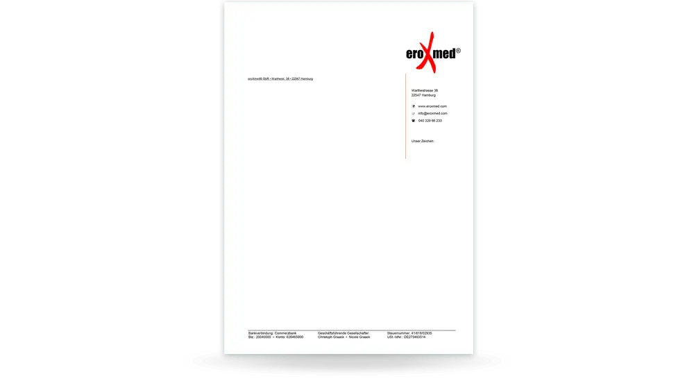 Brifepapier von Medizinprodukte-Hersteller mit Logo und Kontaktdaten auf der rechten Seite, sowie Geschäftsdaten im Fußbereich