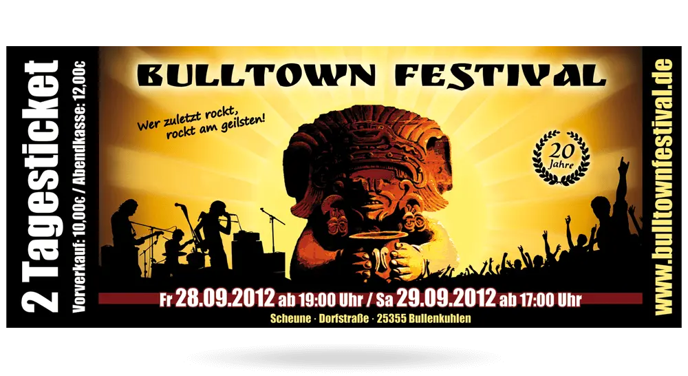 2 Tagesticket für das Bulltown Festival - Sonnenaufgang mit Inka-Figur im Hintergrund, schwarze Silhouetten von Rock-Musikern und Publikum im Vordergrund.