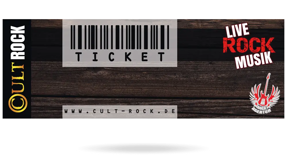 Eintrittskarte für CultRock mit Hintergrund in Holz-Optik, CultRock-Logo auf der linken Seite, Scan-Code und Rockagentur-Logo auf der rechten Seite.
