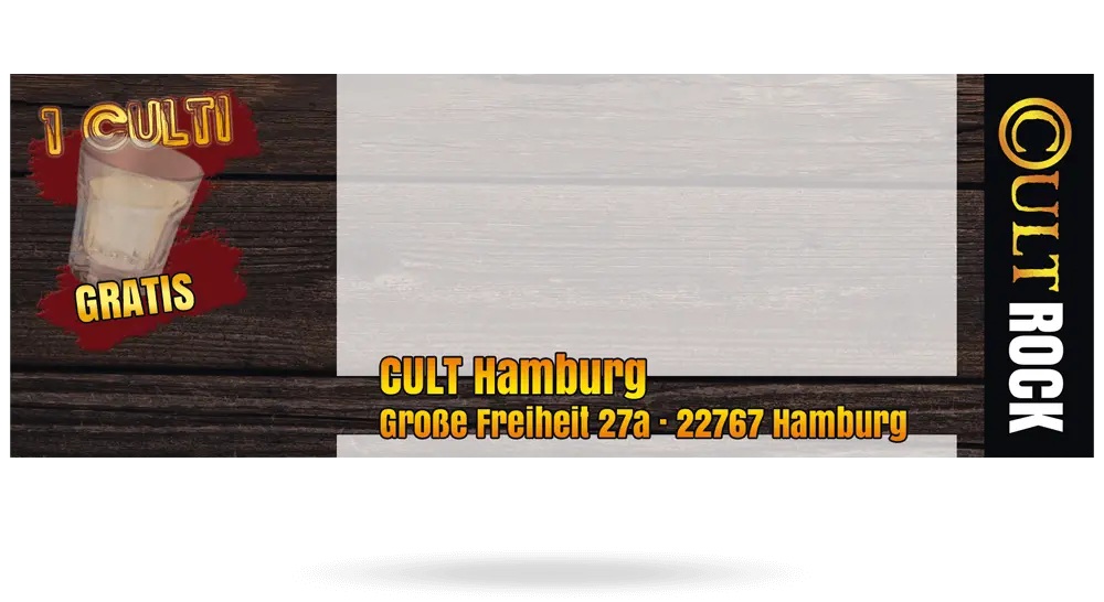 Eintrittskarte für CultRock mit Hintergrund in Holz-Optik, Freigetränk-Coupon auf der linken Seite und Freifläche für Veranstaltungs-Informationen.