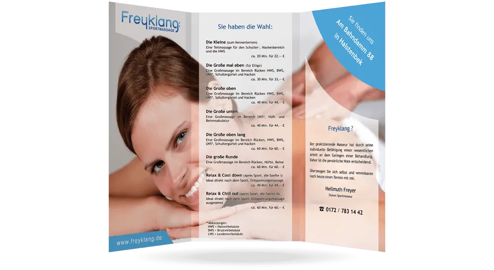 Aufgeklappter Werbeflyer für Sportmmassage mit einer liegenden Frau und Händen eines Masseurs - darüber halbtransparente Flächen mit den Massage-Angeboten.