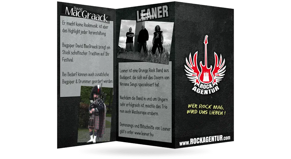 Aufgefaltetes Faltblatt mit Musikervorstellung von David Mac Graack, der Band Leaner und dem Rockagentur-Logo auf der Titelseite.