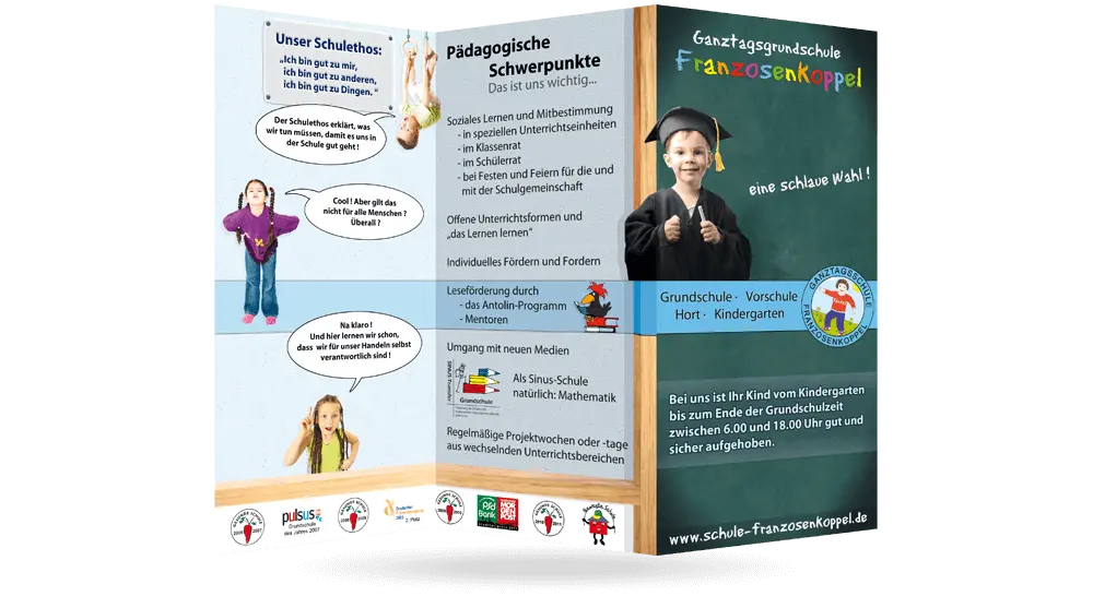 Faltflyer von Grundschule mit Schultafel auf dem Deckblatt und Kindern, die mit Sprechblasen die Schwerpunkte der Schule erklären.