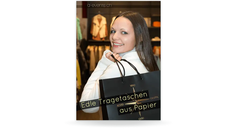 Werbeflyer eines Tragetaschen-Herstellers mit einer Frau, die eine Tragetasche über der Schulter hängen hat.