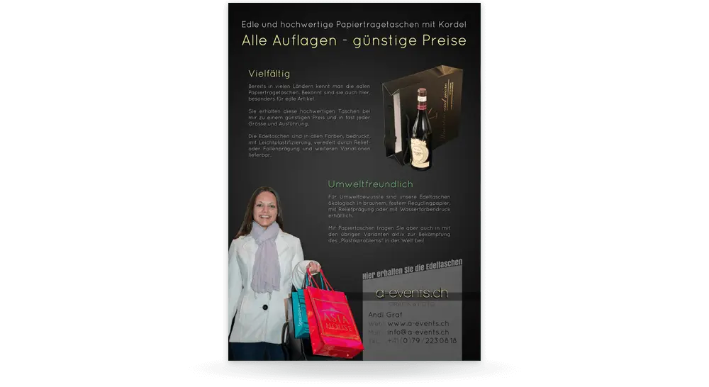 Werbeflyer eines Tragetaschen-Herstellers - oben liegende Tragetasche mit Weinflasche und Beschreibung der vielfältigen Einsatzmöglichkeiten - unten Frau mit 3 Tragetaschen in der Hand und Informationen zu Unwelt-Aspekten.