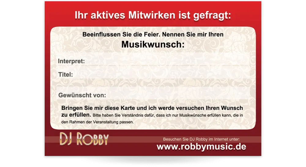 Rückseite des Disc Jockey Flyers mit ausfüllbaren Flächen zum Eintragen von Musikwünschen bei Veranstaltungen.