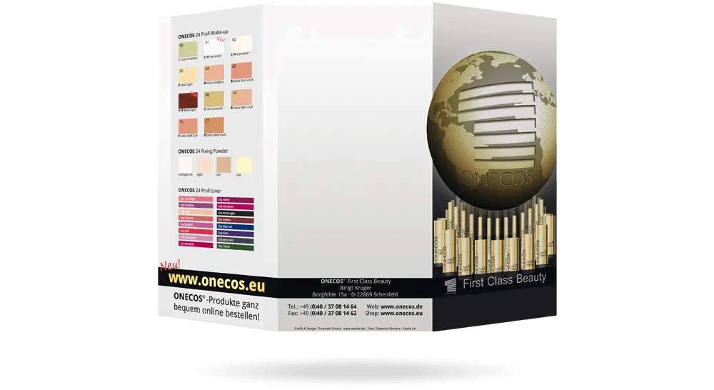 Außenseite von Kosmetik-Faltblatt mit Farbtabellen auf der linken Seite und Globus mit Logo und Make-up-Sortiment auf der rechten Seite.