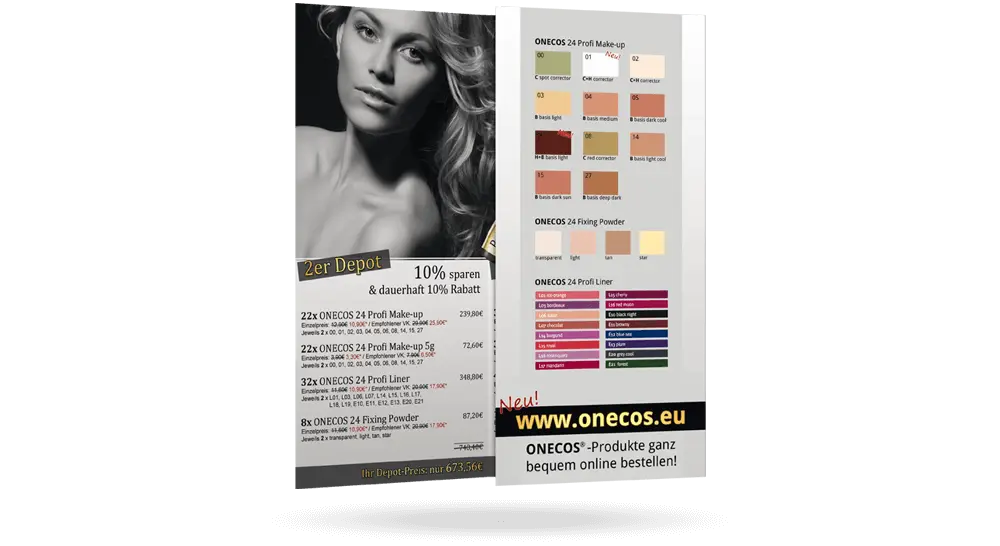 Make-up-Flyer halb aufgeklappt mit Model und Produktangeboten auf der linken Seite und der Kosmetik-Farbtabelle auf der rechten Seite.