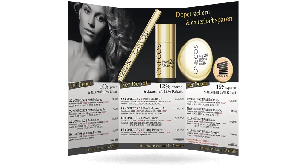 Faltblatt von Kosmetik-Firma mit den goldfarbenen Produkten auf dunklem Hintergrund im oberen Bereich und den Angeboten auf hellem Hintergrund im unteren Bereich.