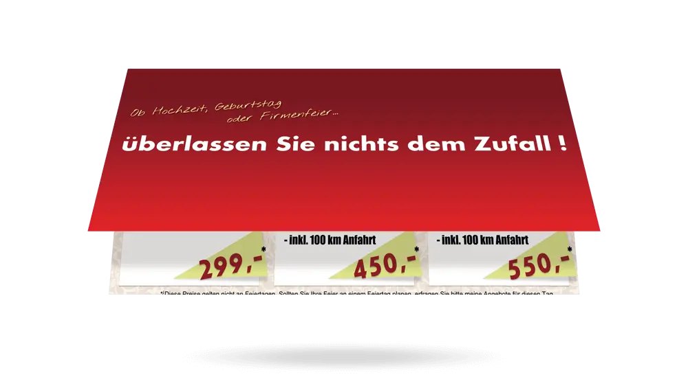 Halb geöffneter Werbeflyer von DJ - roter Farbverlauf im Hintergrund mit Slogan 