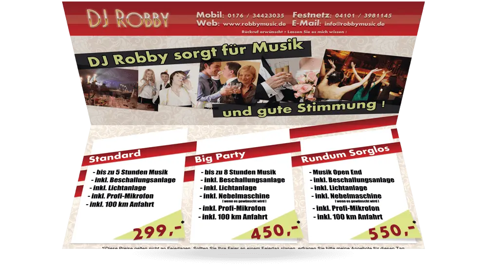Geöffneter Werbeflyer von DJ - auf der oberen Seite Pary-Fotos mit dem Slogan 