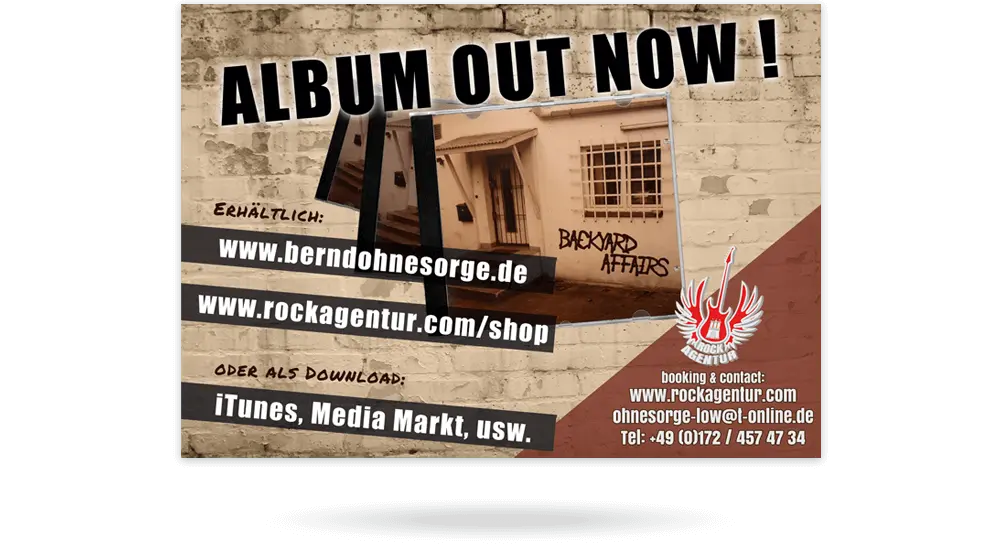 Musiker Flyer mit Mauerwerk im Hintergrund und Album im Vordergrund.