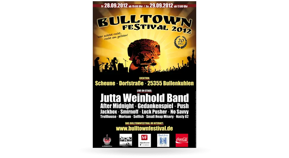 Festival-Plakat des Bulltown Festival 2012 mit Musikern und Sponsoren.
