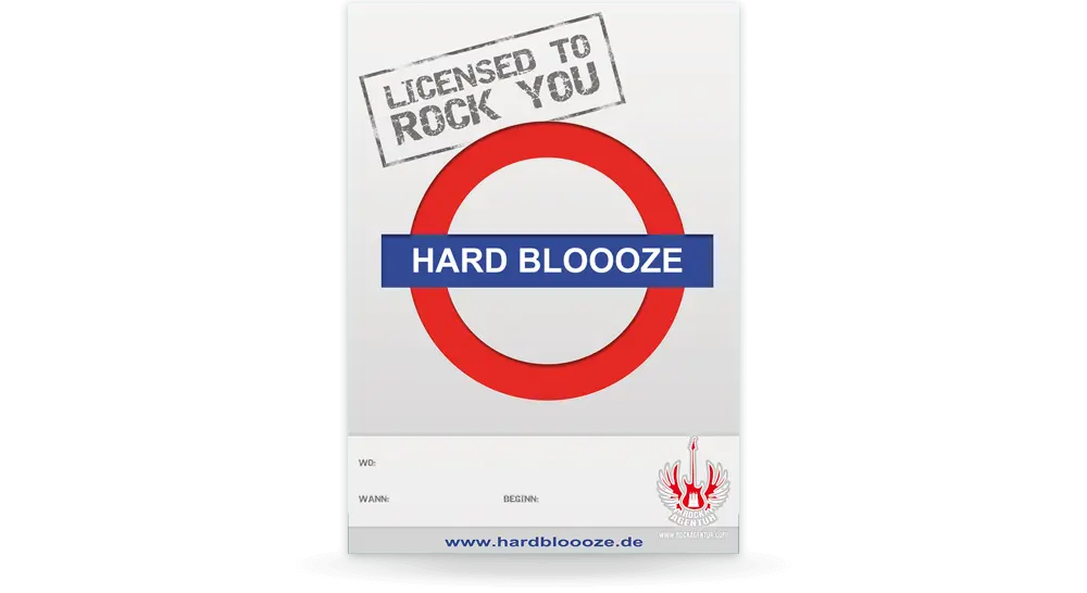 Hellgraues Plakat der Bluesrock-Bank Hard Bloooze mit Freifläche im unteren Bereich zum Eintragen von Konzert-Daten.