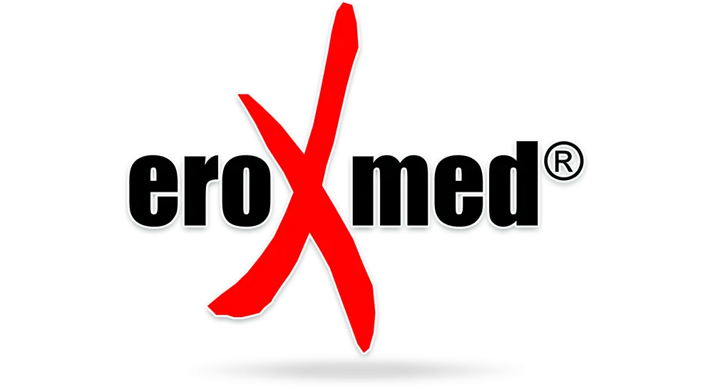 Logo des Medizinprodukte-Herstellers eroXmed in Schwarz und Rot mit hervorgehobenem X