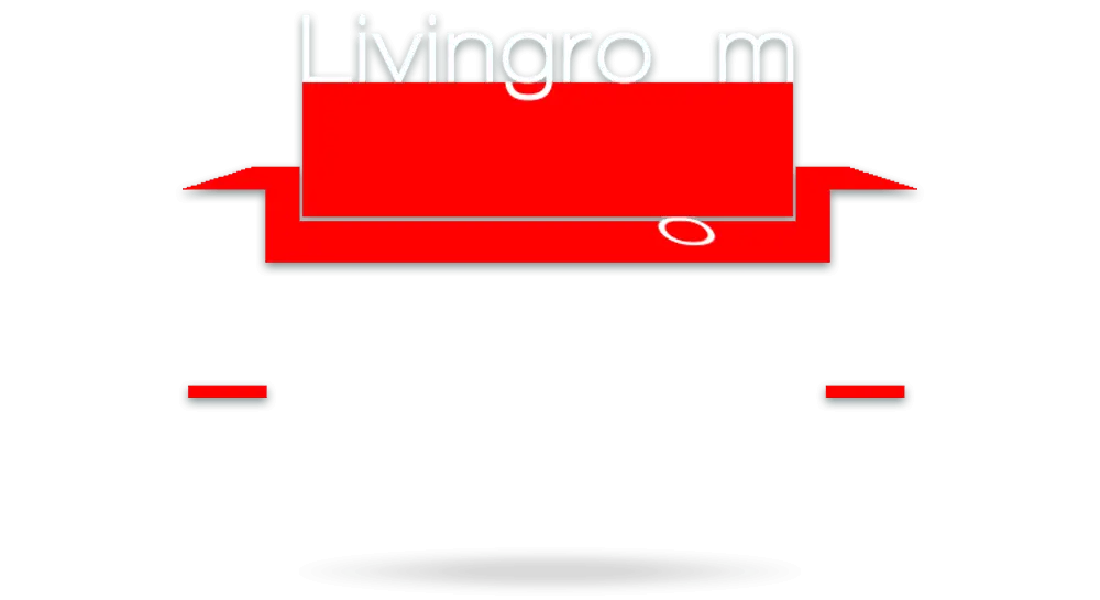 Logodesign der Pop-Band Livingroom - rotes Sofa mit weißem Schriftzug auf der Rückenlehne