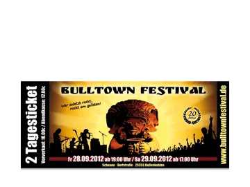 Eintrittskarte für das Bulltown Festival - Sonnenaufgang mit Inka-Figur im Hintergrund, schwarze Silhouetten von Rock-Musikern und Publikum im Vordergrund.