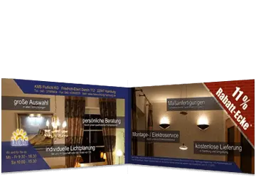 Innenseite eines aufgeklappten Falzflyers von einem Leuchtenfachhandel mit Fotos von Leuchten in Wohnräumen und Ecke mit Rabatt-Coupon.