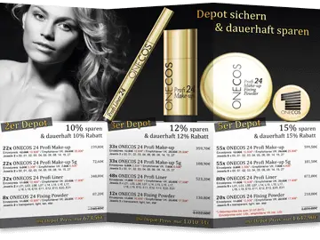 Faltblatt von Kosmetik-Firma mit den goldfarbenen Produkten auf dunklem Hintergrund im oberen Bereich und den Angeboten auf hellem Hintergrund im unteren Bereich.