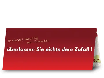Vorderseite des DJ-Klappflyers - roter Farbverlauf im Hintergrund mit Slogan "Ob Hochzeit, Geburtstag oder Firmenfeier... überlassen Sie nichts dem Zufall !".