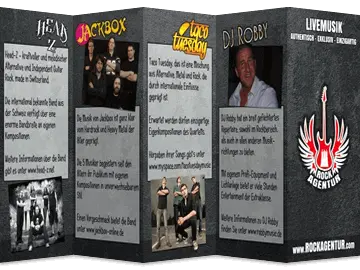 Offener Falzflyer einer Musikagentur mit 4 Seiten auf denen Musik-Gruppen vorstellt werden und dem Deckblatt mit Rockagentur-Logo.