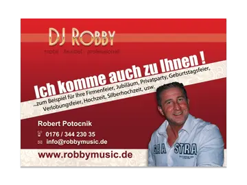 Werbeflyer von DJ Robby - roter Hintergrund mit freigestellten Foto des Disc Jockey, Logo und Slogan "Ich komme auch zu Ihnen".