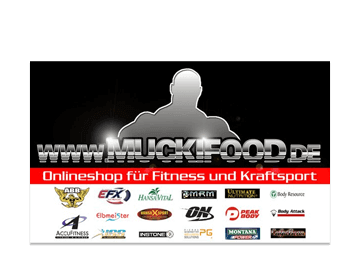 Fitness-Flyer mit Bodybuilder-Silhouette und Hersteller-Logos