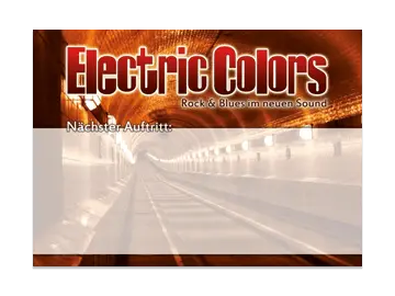 Musiker-Flyer der Band "Electric Colors" - orange beleuchteter Elbtunner mit roten Logo und milchigen Streifen für Konzert-Termine.
