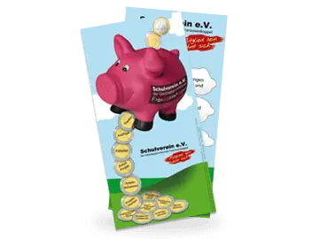 Zwei Flyer des Schulverein e.V. - gezeichnete Landschaft mit einem fliegenden Sparschwein.