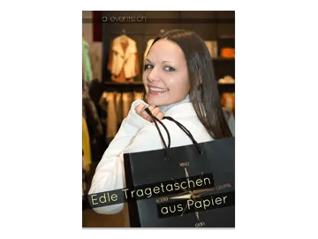 Werbeflyer eines Tragetaschen-Herstellers mit einer Frau, die eine Tragetasche über der Schulter hängen hat.