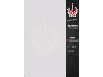 Briefpapier mit Logo als Wasserzeichen und dunklem Seitenstreifen mit Logo und Kontaktinformationen.