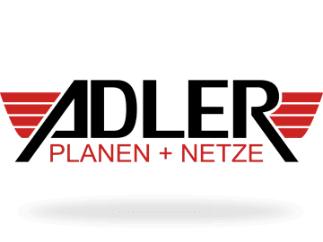 Logo der Gerüstbaufirma Adler Planen + Netze - schwarzer Schriftzug mit roten Flügeln