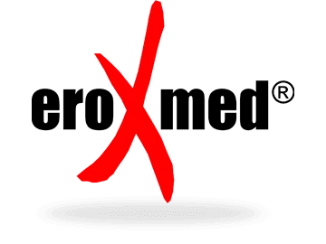 Logo "eroXmed" für Medizinprodukte in schwarzer Schrift mit rotem X