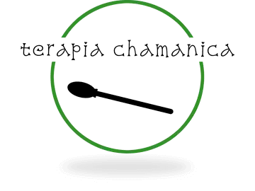 Schamanen-Logo - grüner Kreis als angedeutete Trommel mit schwarzem Trommelstock und Schriftzug "terapia chamanica"