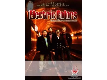 Plakat der Rockband Electric Colors - Alter Elbtunnel im Hintergrund und die vier Musiker im Vordergrund, darüber das Band-Logo, unter der Band ein unterlegter Streifen für die Eintragung von Konzert-Terminen.