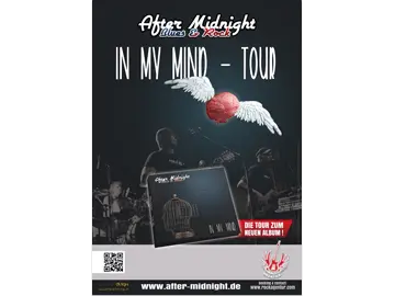 Plakat der Rockband After Midnight mit dem Tour-Titel "IN MY MIND - TOUR", einem Konzertfoto der Band im Hintergrund, der gleichnamigen CD im Vordergrund und einem Gehirn mit Flügeln.