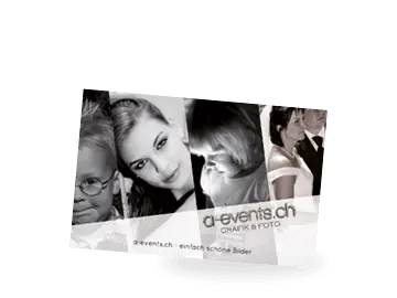 Visitenkarte des Fotografen a-events.ch mit 4 Beispielfotos und Logo