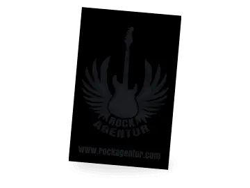 Schwarze Visitenkarte mit Logo der Musikagentur "Rockagentur" und Internetadresse in Anthrazit