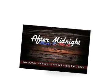 Visitenkarte der Rockband After Midnight mit rustikalem Holz-Hintergrund im Retro-Stil