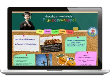 Laptop auf dem die Homepage der Ganztagsgrundschule Franzosenkoppel zu sehen ist - die Themen als bunte Zettel an eine Pinnwand geheftet.