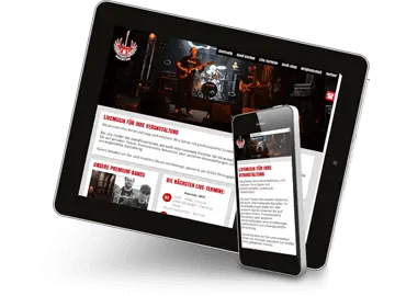 Tablet und Smartphone auf denen die Website der Musikagentur "Rockagentur" zu sehen ist - dunkles Konzertfoto im Kopfbereich mit weißen Textflächen darunter.