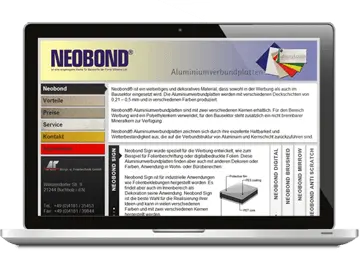 Website des Baustoffhandels Neobond24 mit mehrfarbiger Navigation links und Farbverlauf im Header.