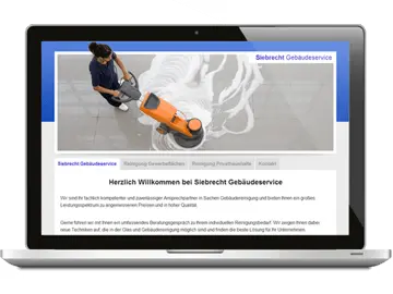 Laptop mit dem Webdesign der Reinigungsfirma aus Hamburg - Oben eine Reinigungskraft mit Reinigungsmaschine