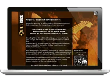 Laptop mit geöffneter Veranstaltungs-Website - Gitarrist mit E-Gitarre und Feuer im Hintergrund - CultRock-Logo und dunkel überlagerte Textflächen im Vordergrund.