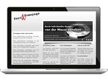 Laptop mit Website für Miet-Homepages. Grauer Hintergrund mit abgesetzten Bilder-Slider.